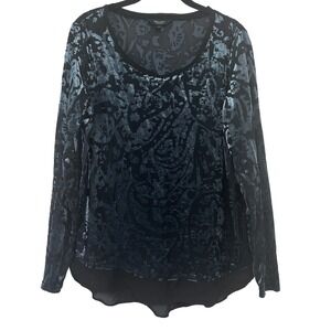 Women's‎ Top Size Large Black Teal Velvet Burnout Whimsygoth Goth Grunge Sheer